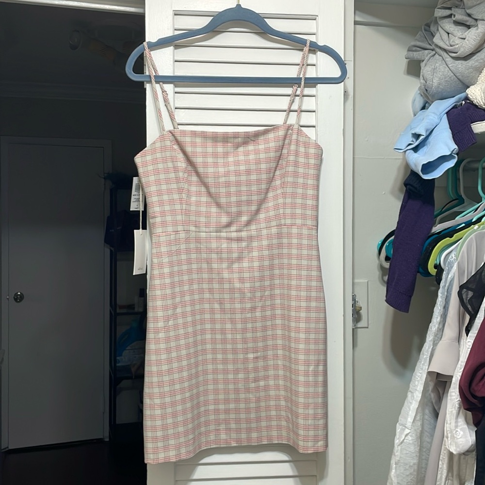 aritzia plaid dress in cream/pink
